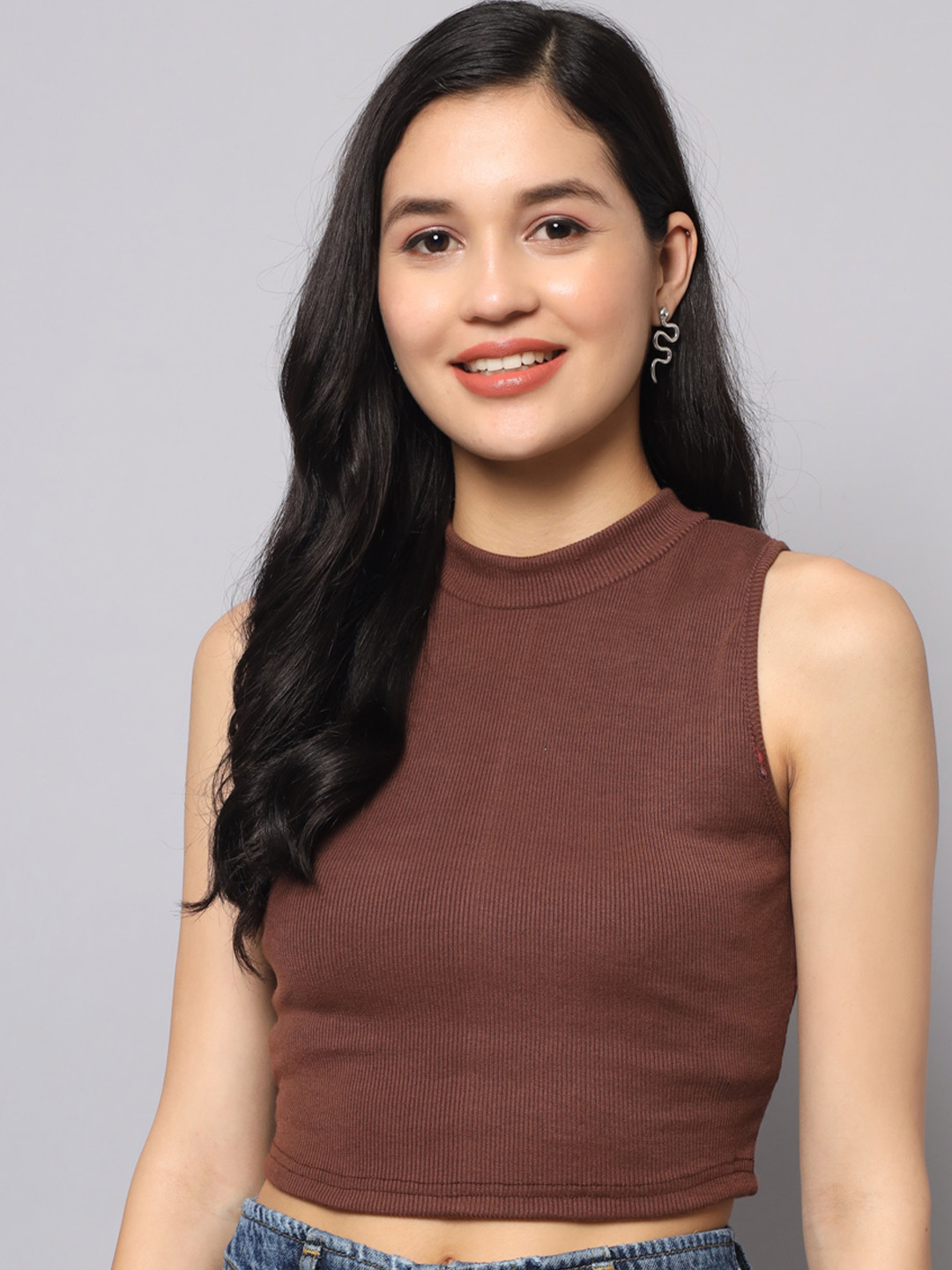 AAHWAN Women Brown Solid High Neck Crop Top