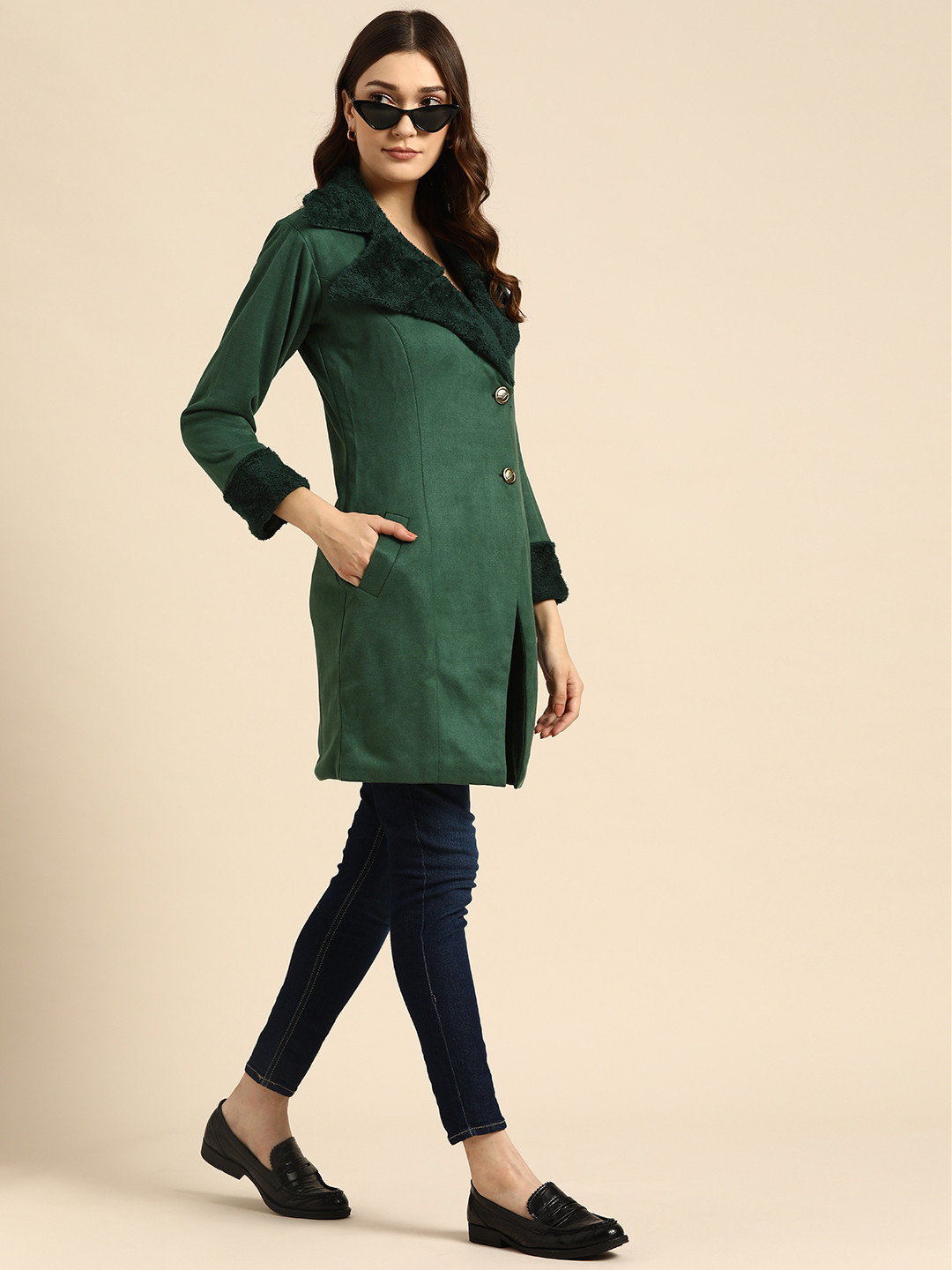 WoowZerz Women Green Solid Faux Fur Longline Suede Over Coat