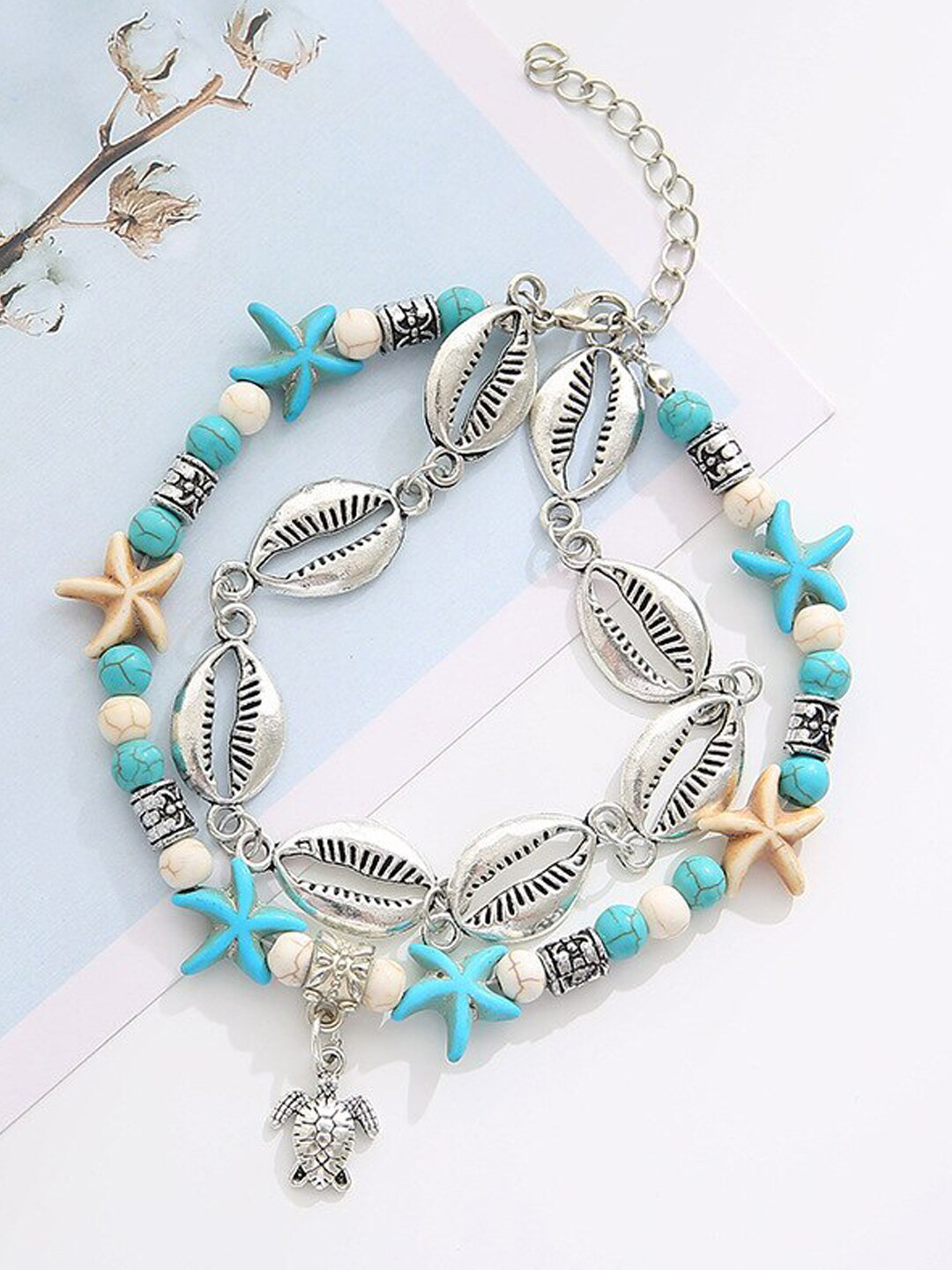 Young & Forever Turquoise Crystal Studded Silver-Plated Faux Shell Turtle Charm Anklet