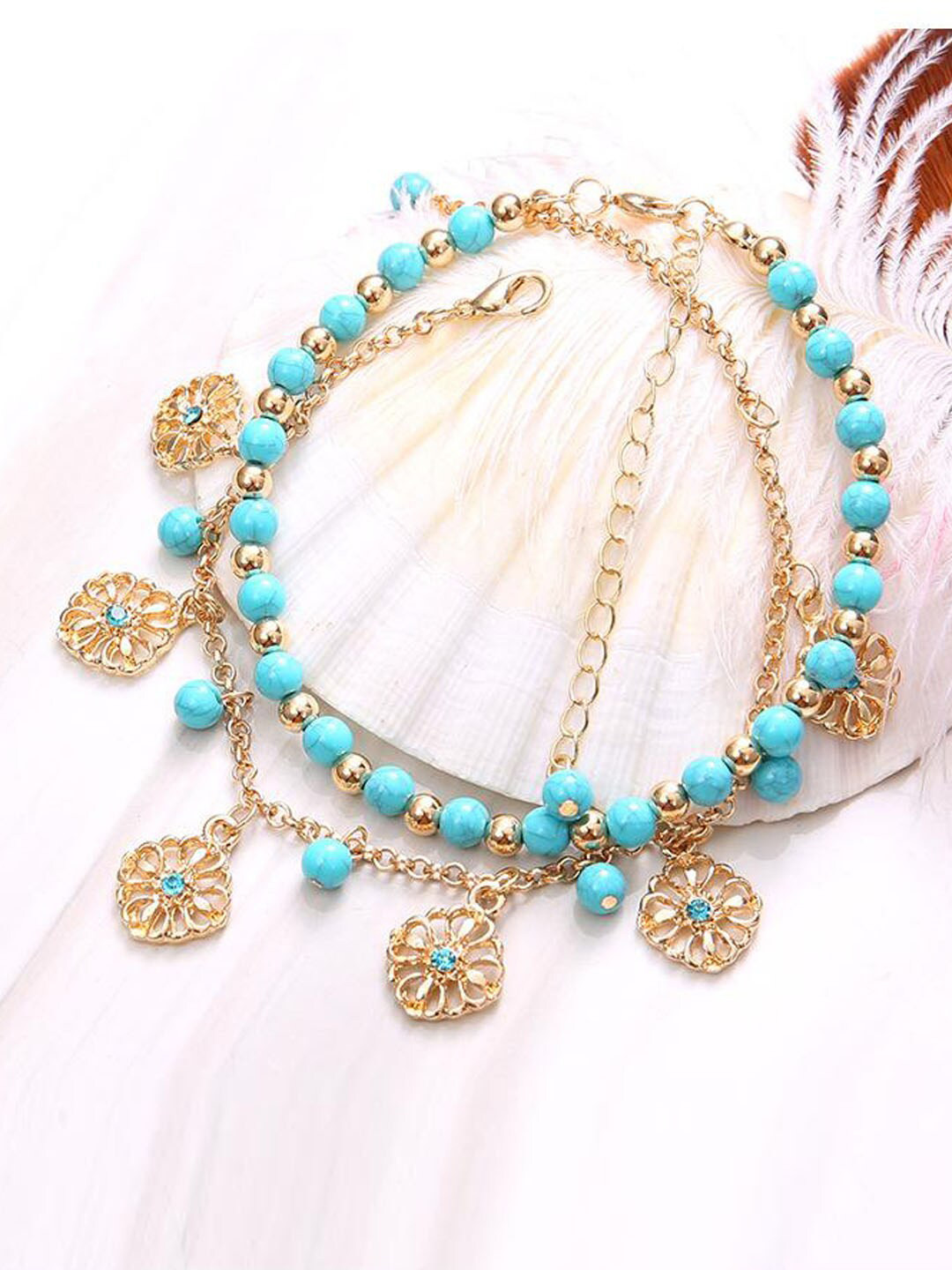 Young & Forever Women Set of 4 Turquoise Blue & Gold Plated Anklets