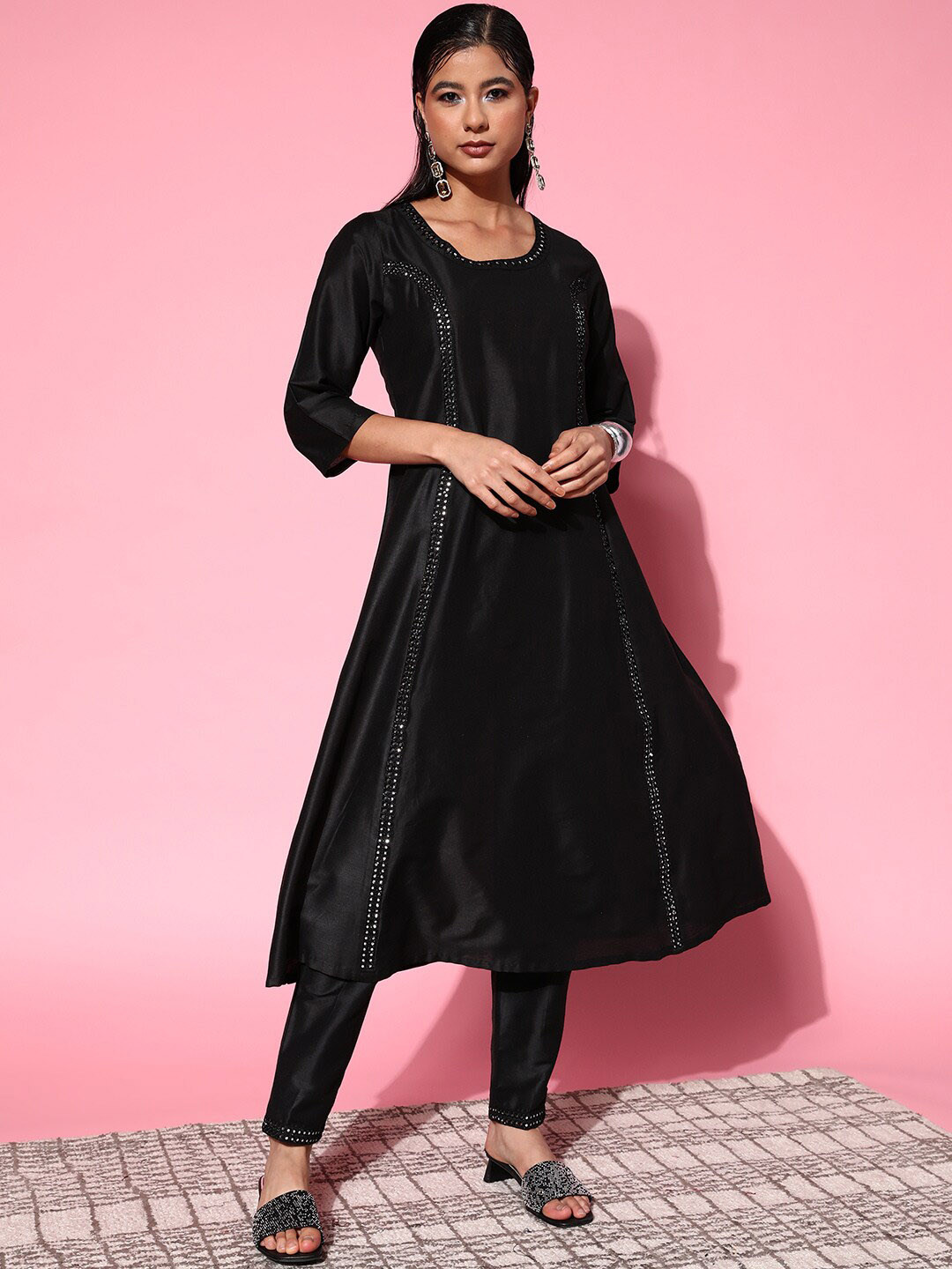 Shae by SASSAFRAS Women Black Solid Mirror Work A-Line Kurta