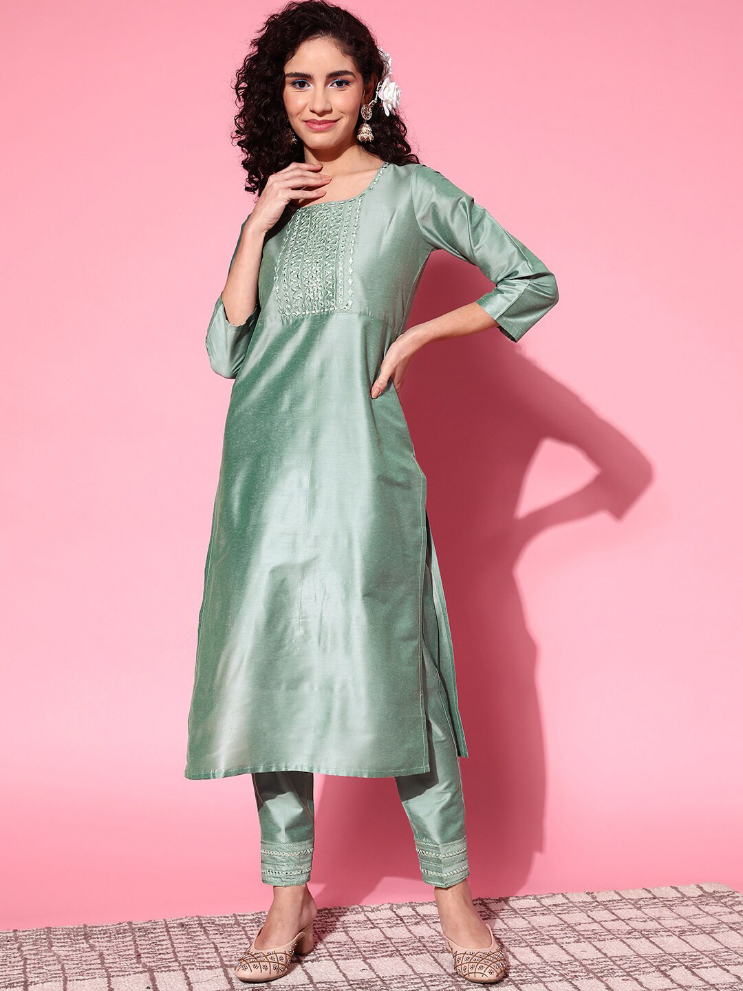 Shae by SASSAFRAS Women Sea Green Embroidered Mirror Work Kurta with Trousers