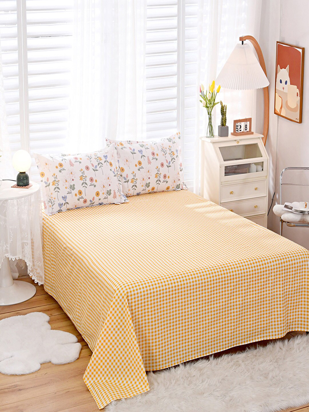 JC HOME Mustard White Checked Cotton Bedding Set