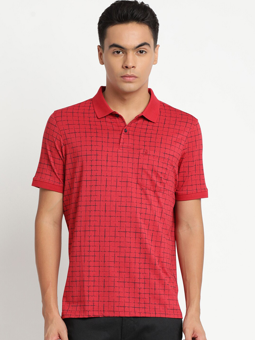 Turtle Men Red Checked Pure Cotton Polo Collar Slim Fit T-shirt