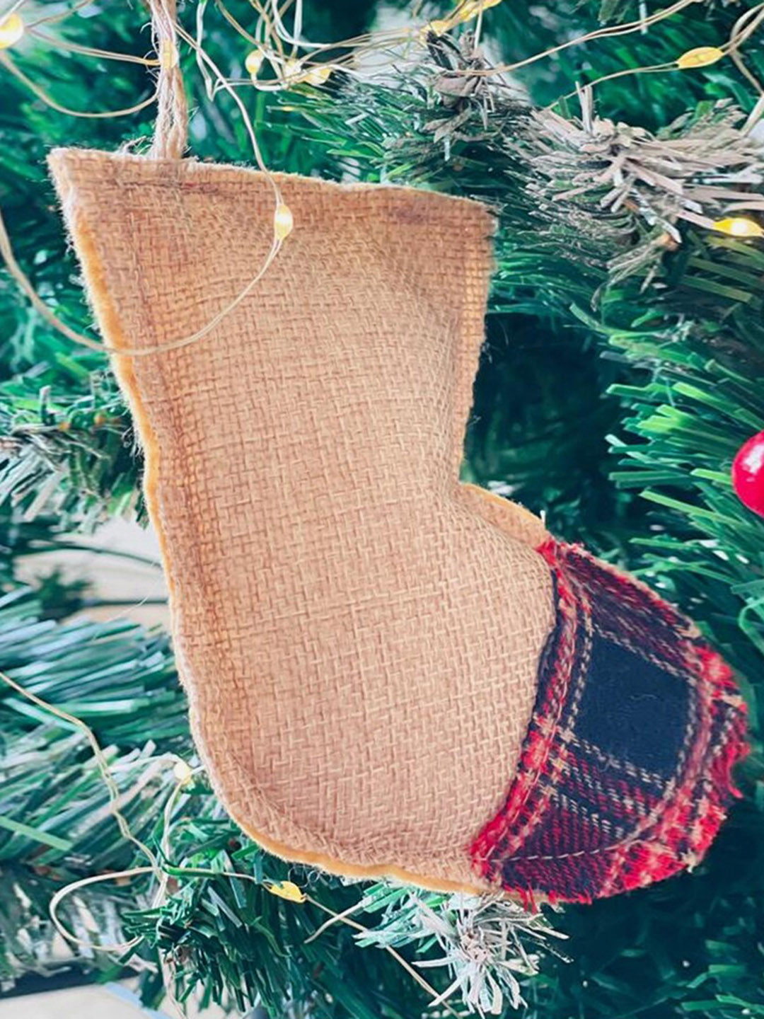 Little Surprise Box LLP Kids Cream-Colored & Red Patterned Jute Stockings Christmas Tree Ornament