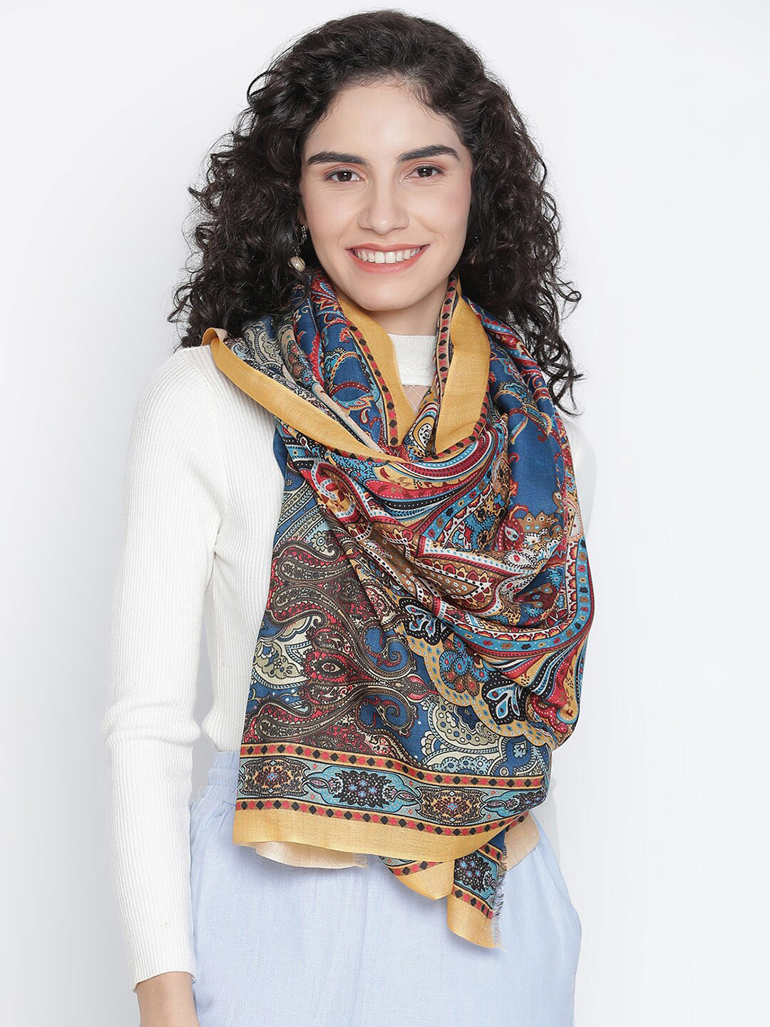 SHINGORA Women Blue & Yellow Printed Fringed Stole