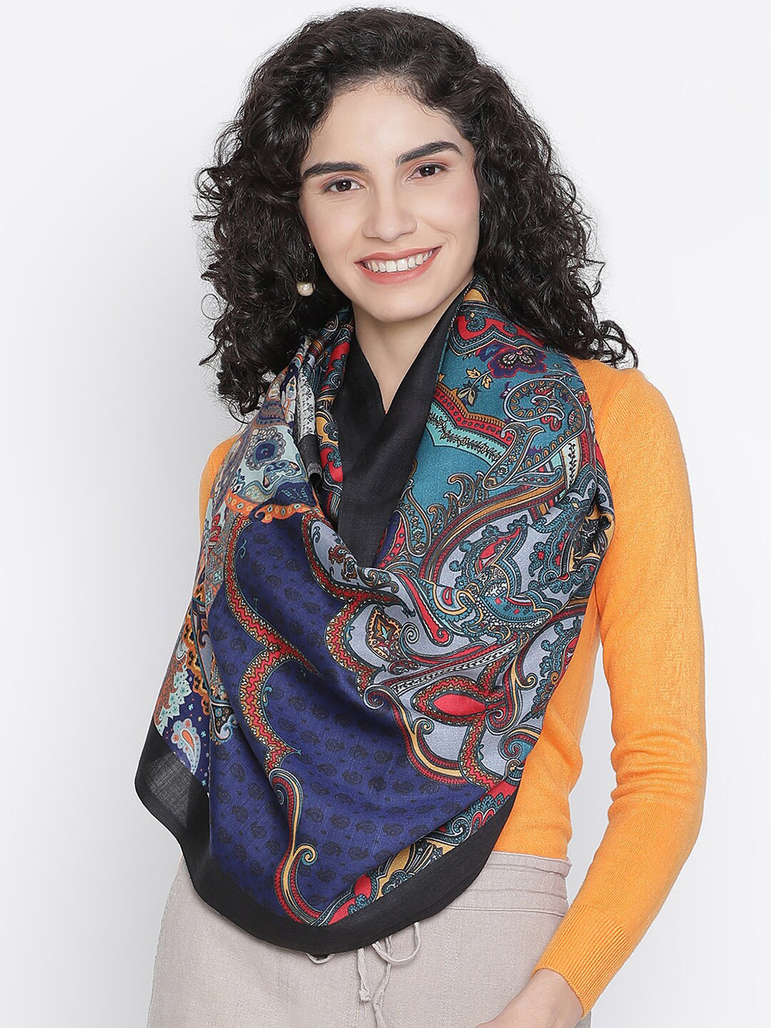 SHINGORA Women Blue & Yellow Printed Fringed Stole