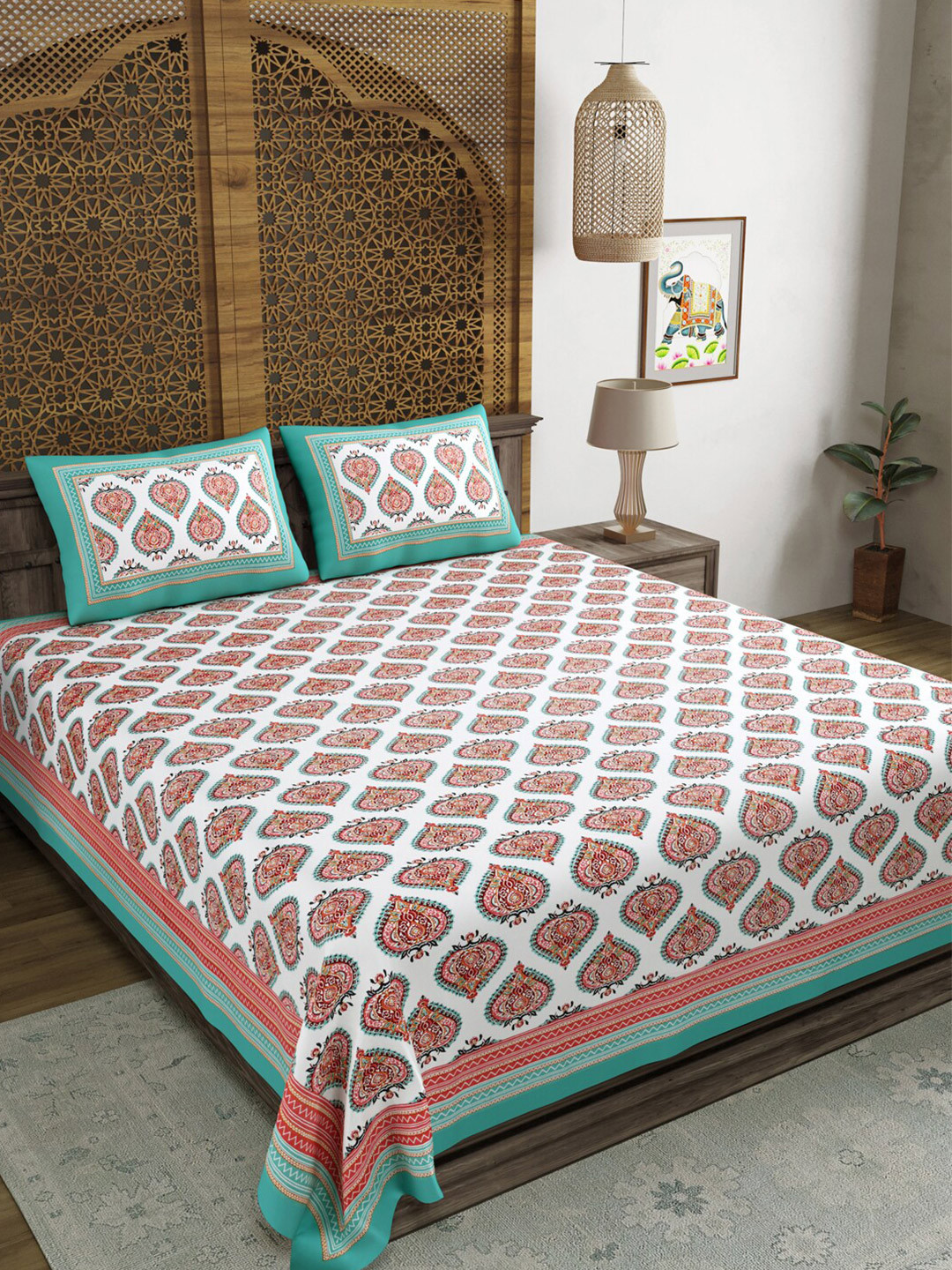 BLOCKS OF INDIA Turquoise Blue Ethnic Motifs Cotton 210 TC King Fine Bedsheet with 2 Pillow Covers-90 x 108 inches