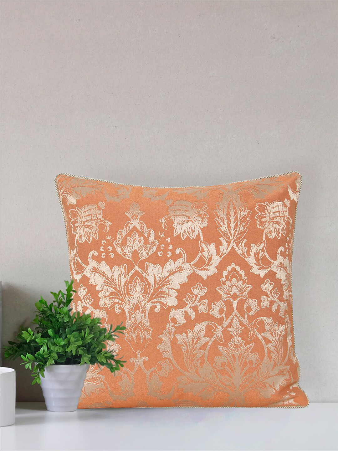 Home Orange Printed Self Design Square Cushion Covers