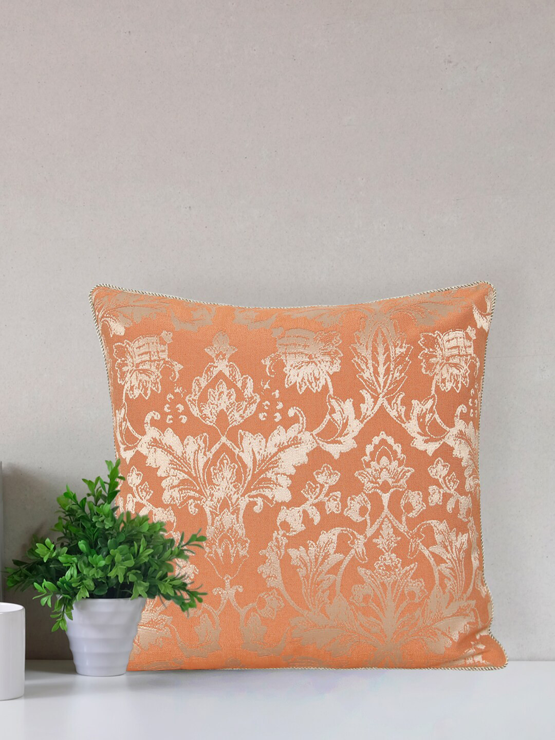 Home Orange & Gold-Toned Printed Self Design Square Cushion Covers