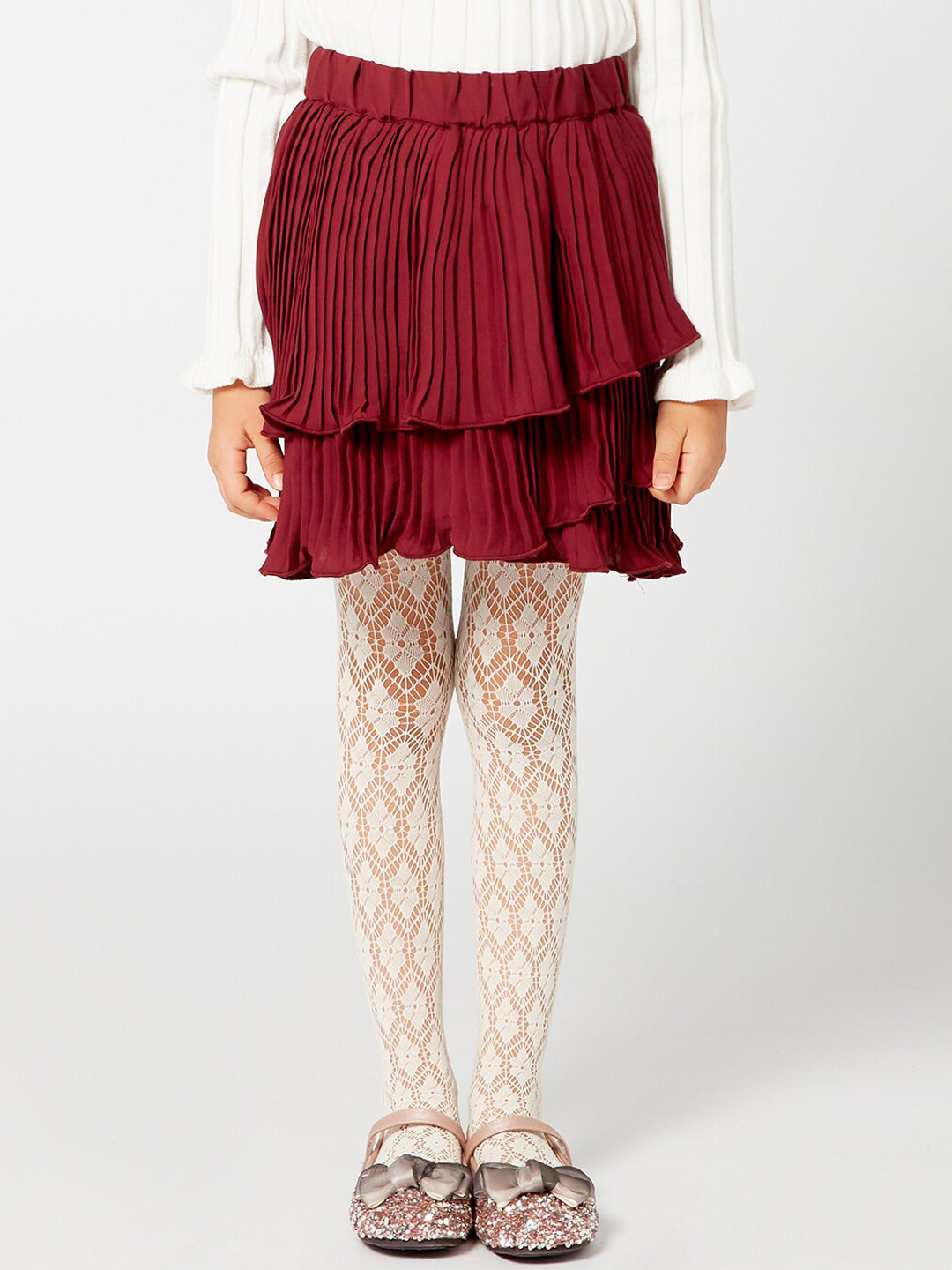 One Friday Girls Maroon Self Design A-line Above Knee Skirt