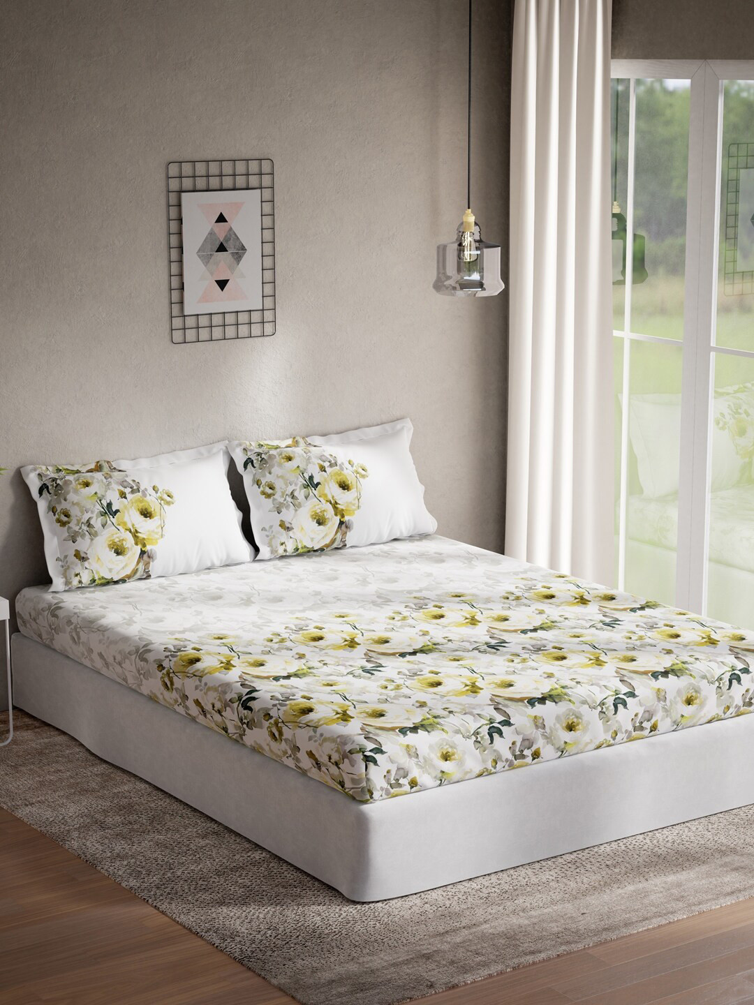 DDecor Optima Collection Yellow Floral Cotton 136TC Queen Bedsheet with 2 Pillow Covers