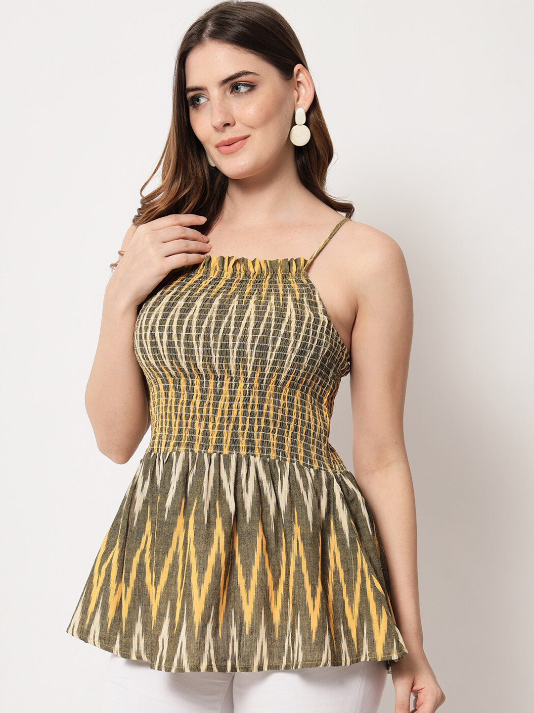 Vastraa Fusion Green & Yellow Geometric Print Pure Cotton Peplum Top