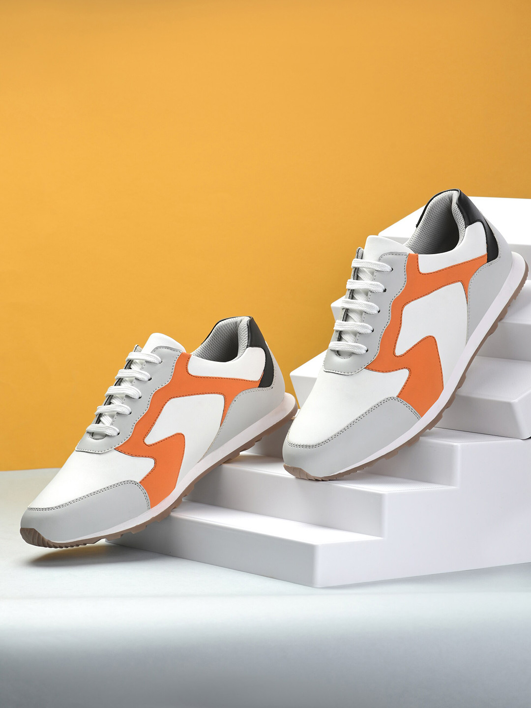 San Frissco Men Grey & Orange Colourblocked Sneakers