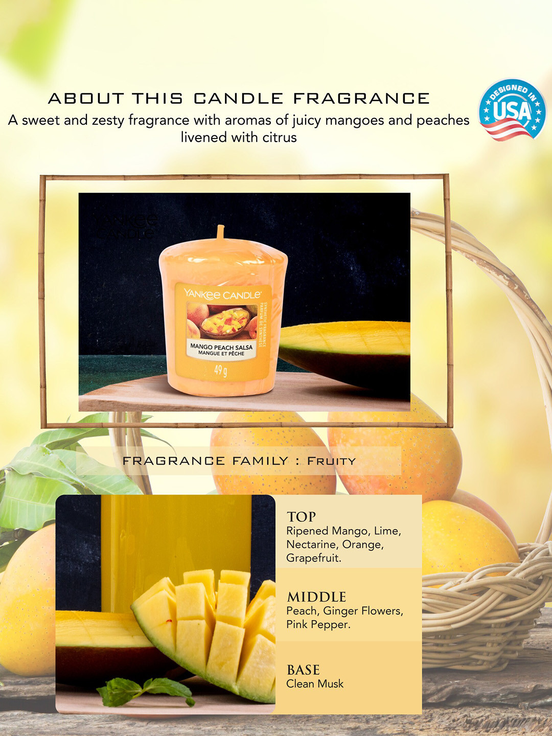 YANKEE CANDLE Votive 1 Wick Mango Peach Salsa Solid Geometric Regular Pillar Candles