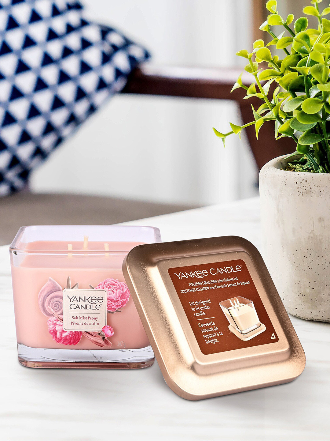 YANKEE CANDLE Peony Scented 3 Wick Salt Mist Peony Solid Geometric Regular Jar Candles