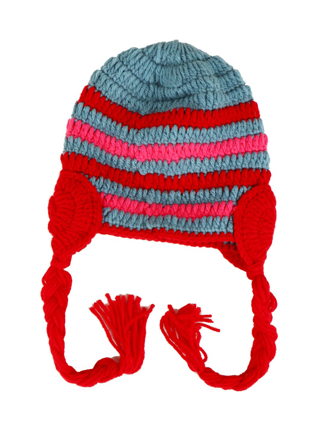 Bharatasya Kids Blue & Red Acrylic Beanie With braids