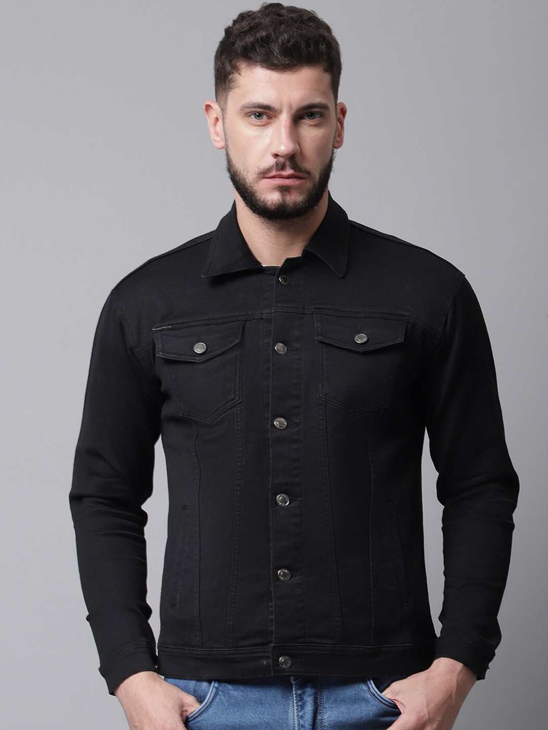 Rodamo Men Black Denim Cotton Jacket with Patchwork