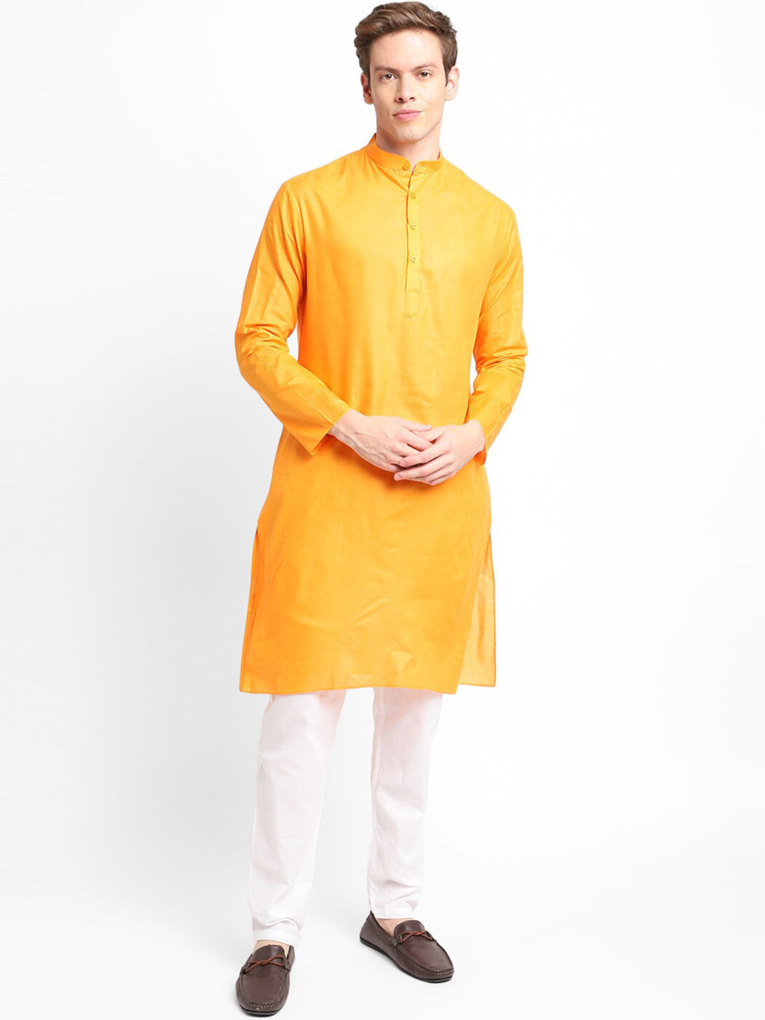 DEVOILER Mustard Mandarin Collar Long Sleeves Straight Regular Kurta