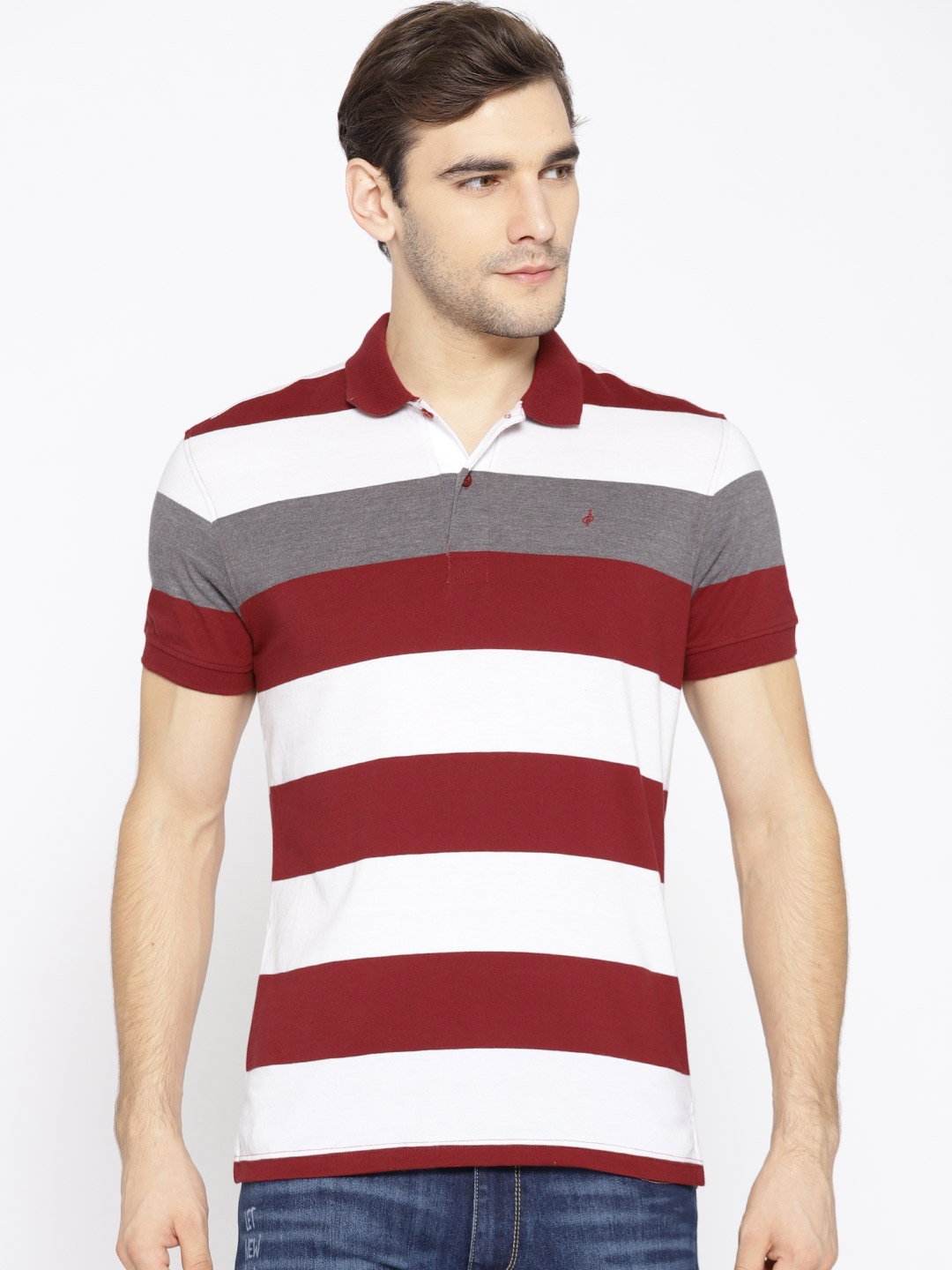 maroon and white striped polo