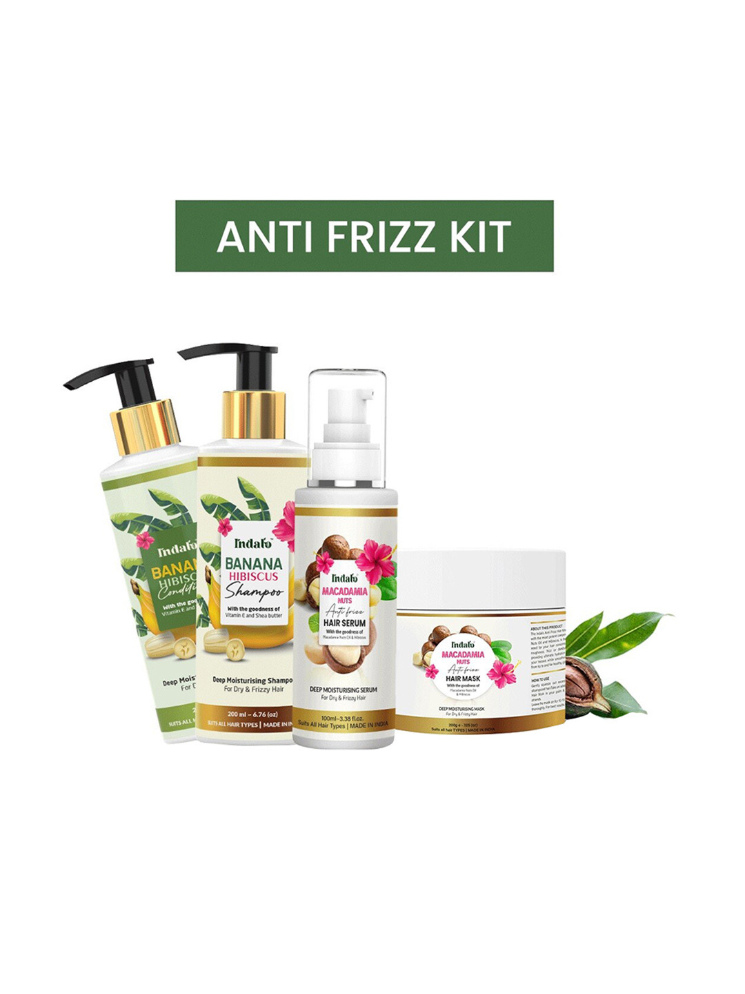 INDALO Banana Shampoo & Conditioner with Macadamia Nuts Anti-Frizz Hair Serum &  Mask