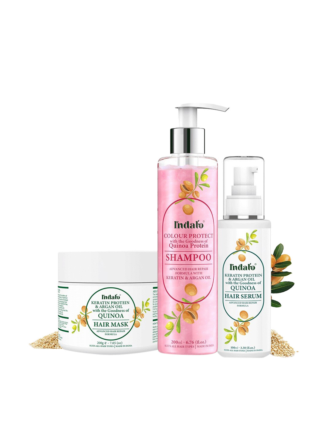 INDALO Quinoa Set of 3 Protein Colour Protect Shampoo, Keratin Protein Argan Serum & Mask