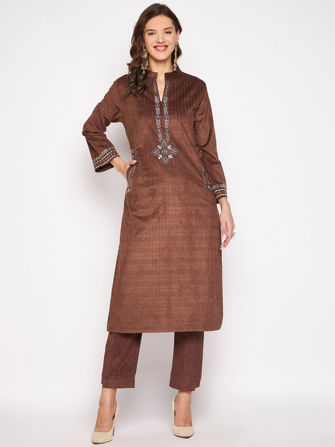 Zigo Winter Wear Women Coffee Brown Floral Embroidered Thread Work Velvet Kurta with Trousers