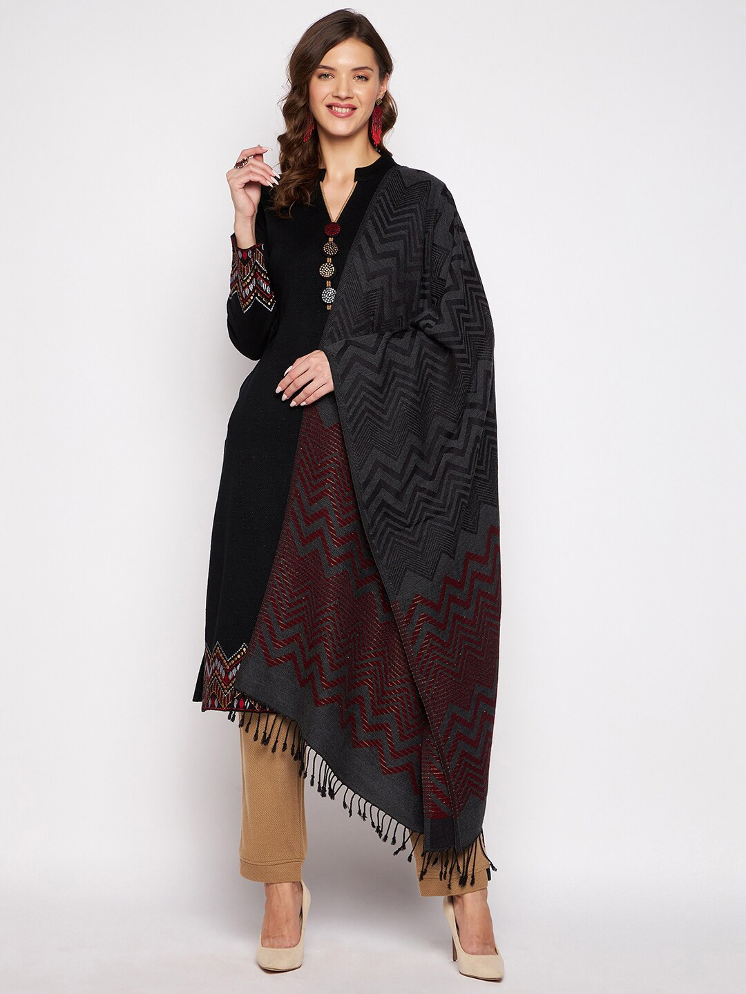 Zigo Winter Wear Women Black Floral Embroidered Thread Work Kurta with Palazzos & With Dupatta