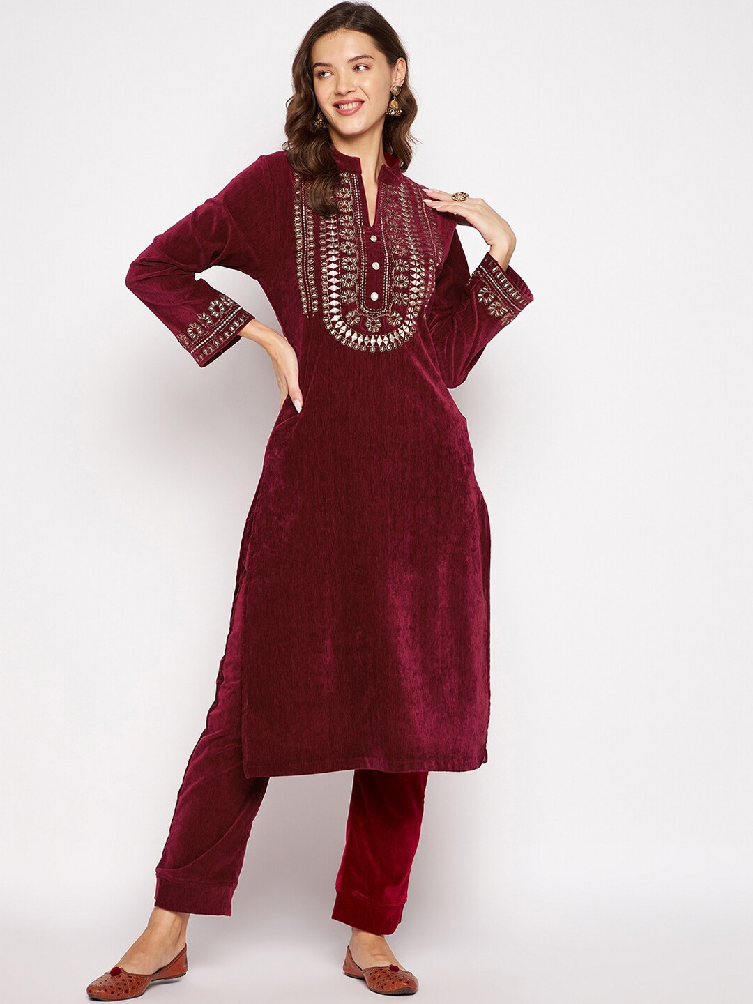 Zigo Winter Wear Women Maroon Embroidered Thread Work Velvet Kurta with Trousers
