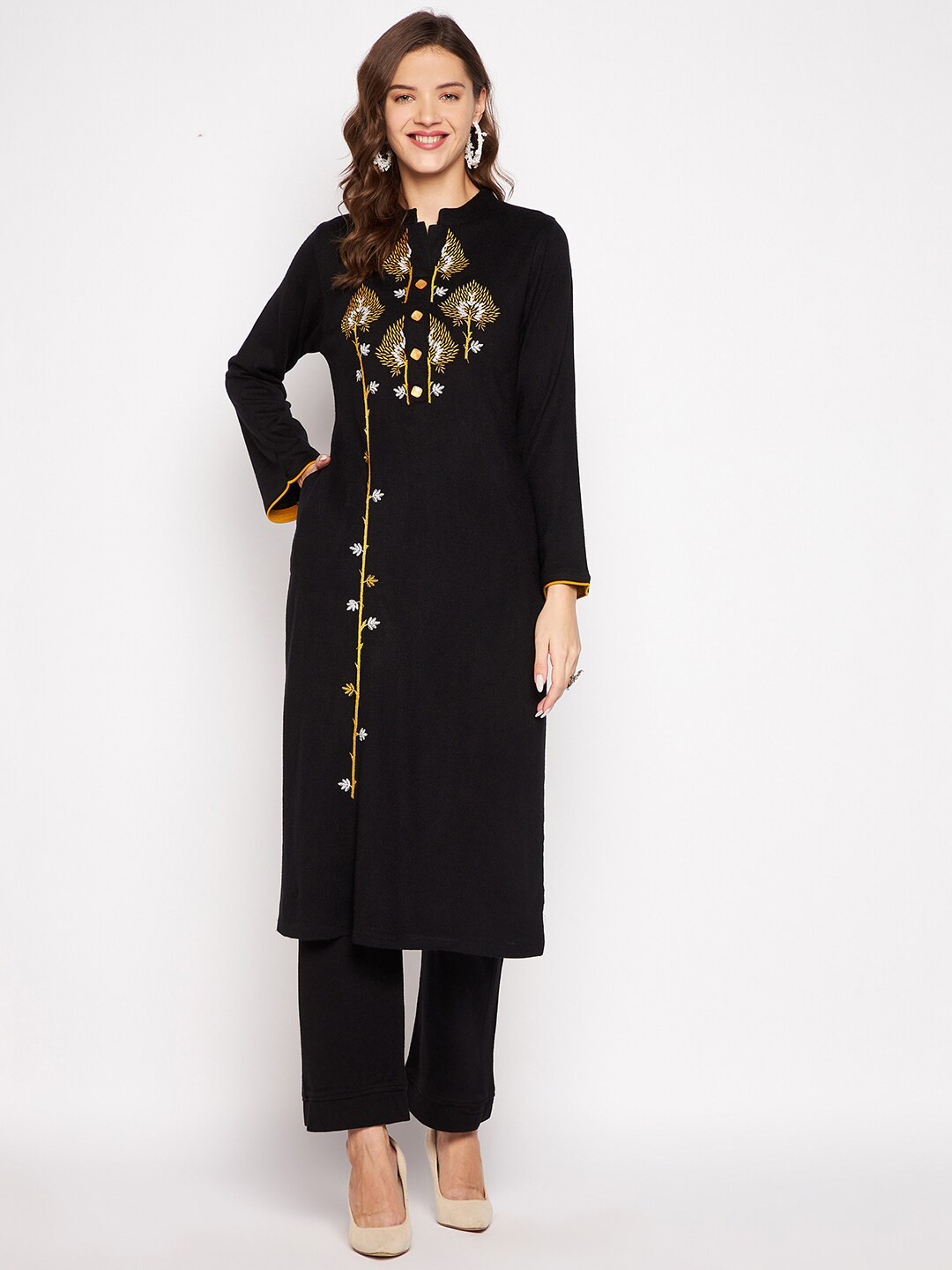 Zigo Winter Wear Women Black Floral Embroidered Thread Work Kurta with Trousers