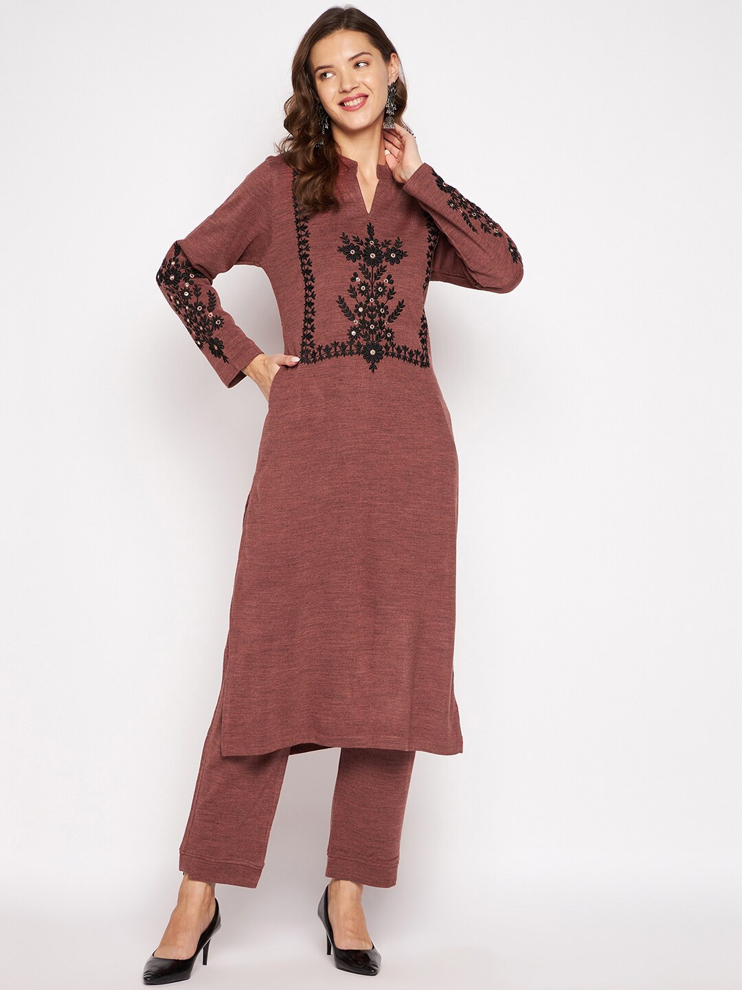 Zigo Winter Wear Women Rust Floral Embroidered Thread Work Kurta with Trouser