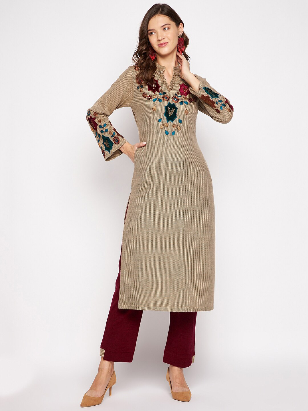 Zigo Winter Wear Women Camel Brown & Maroon Embroidered Thread Work Kurta with Trouser