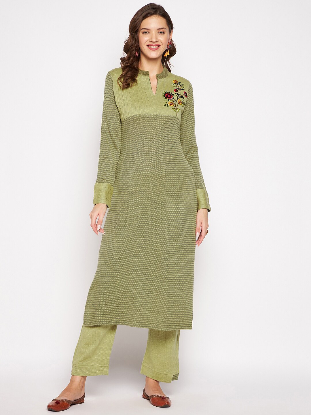 Zigo Winter Wear Women Light Green Embroidered Thread Work Kurta with Trouser