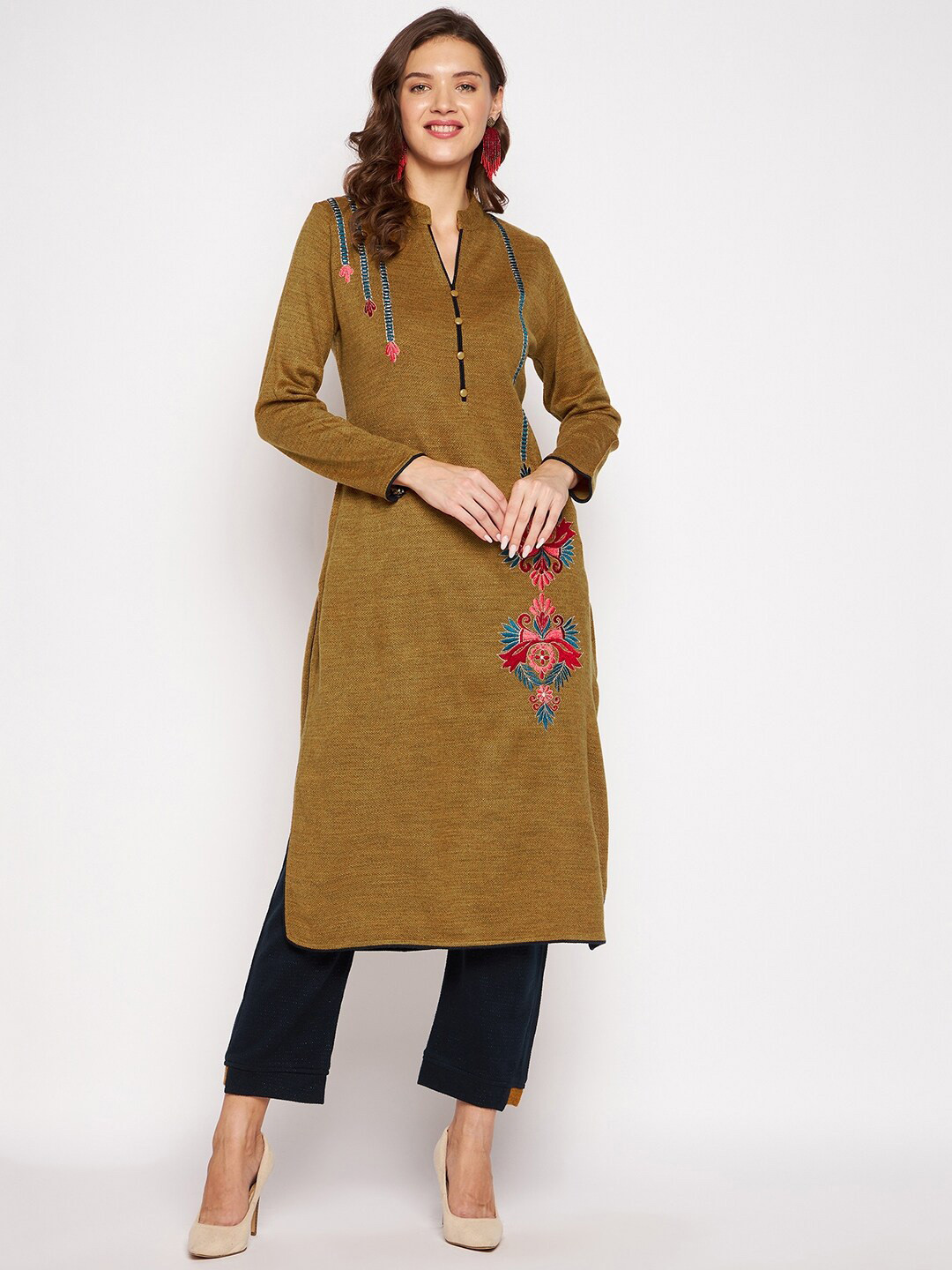 Zigo Winter Wear Women Mustard Yellow Ethnic Motifs Embroidered Thread Work Woolen Kurta with Trouser