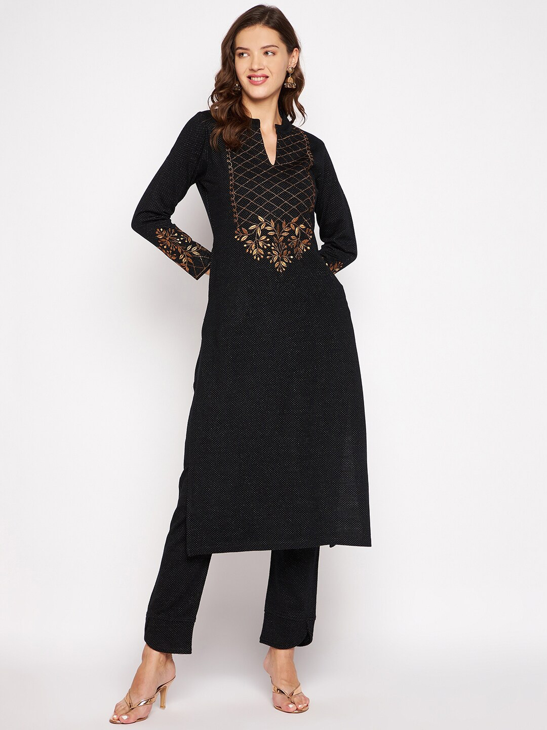Zigo Winter Wear Women Black & Gold Ethnic Motifs Embroidered Thread Work Kurta with Trouser