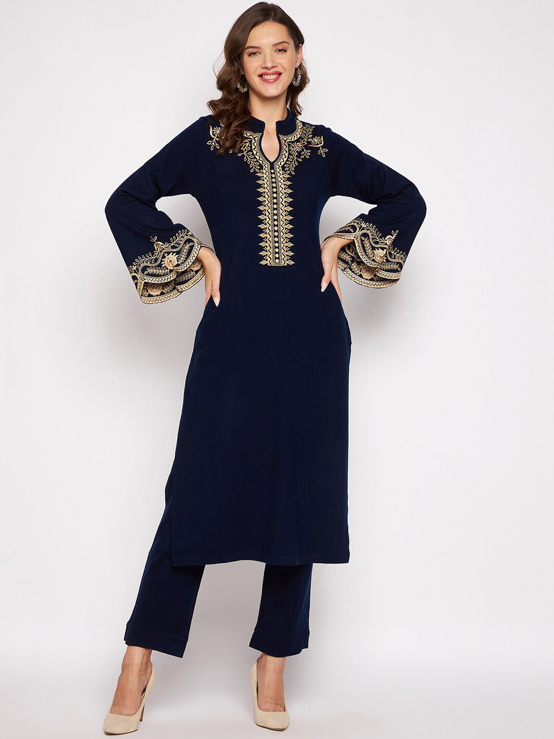 Zigo Winter Wear Women Navy Blue & Gold Ethnic Motifs Embroidered Kurta with Trouser