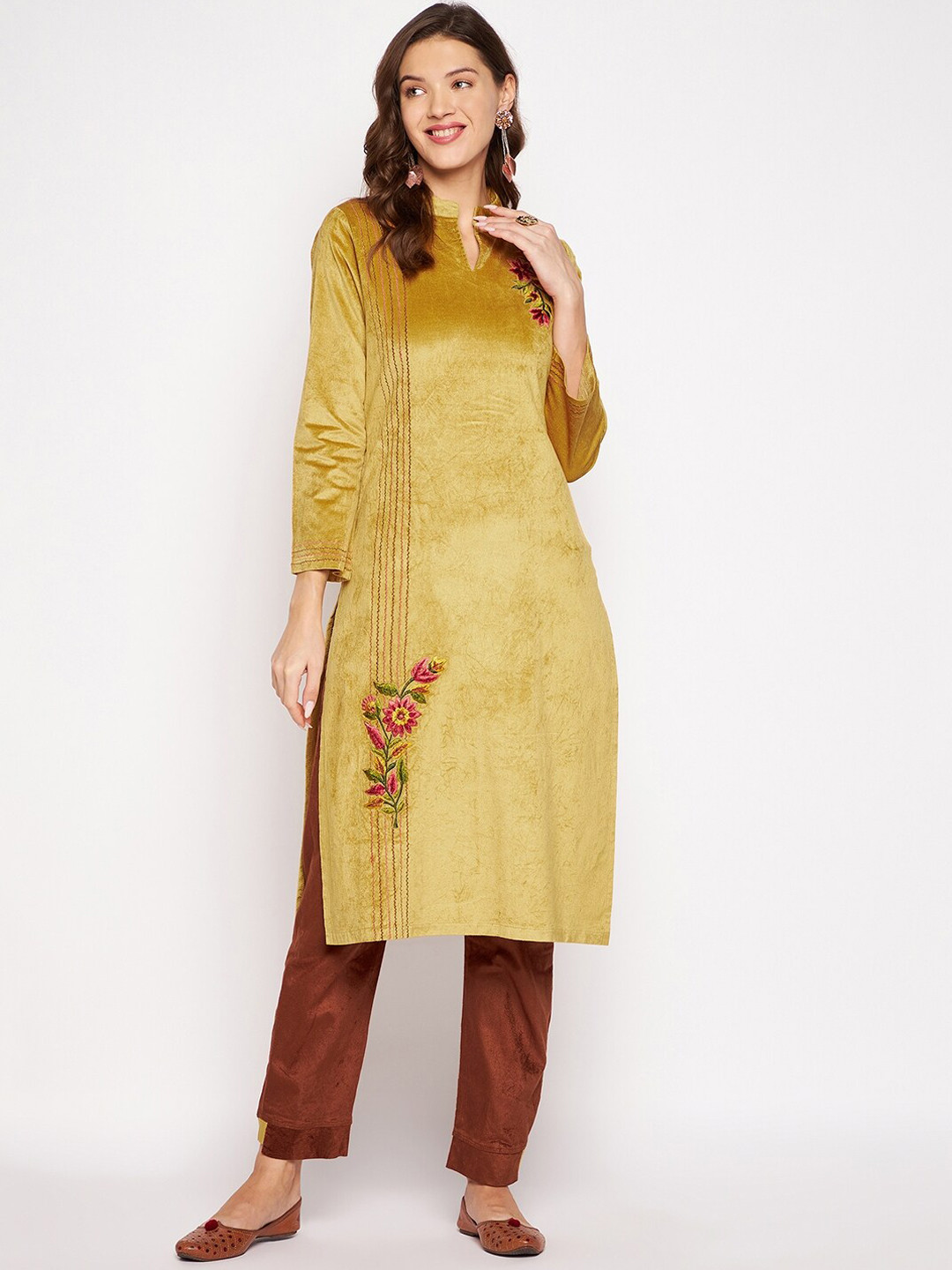 Zigo Winter Wear Women Mustard Yellow Embroidered Velvet Kurta with Trouser