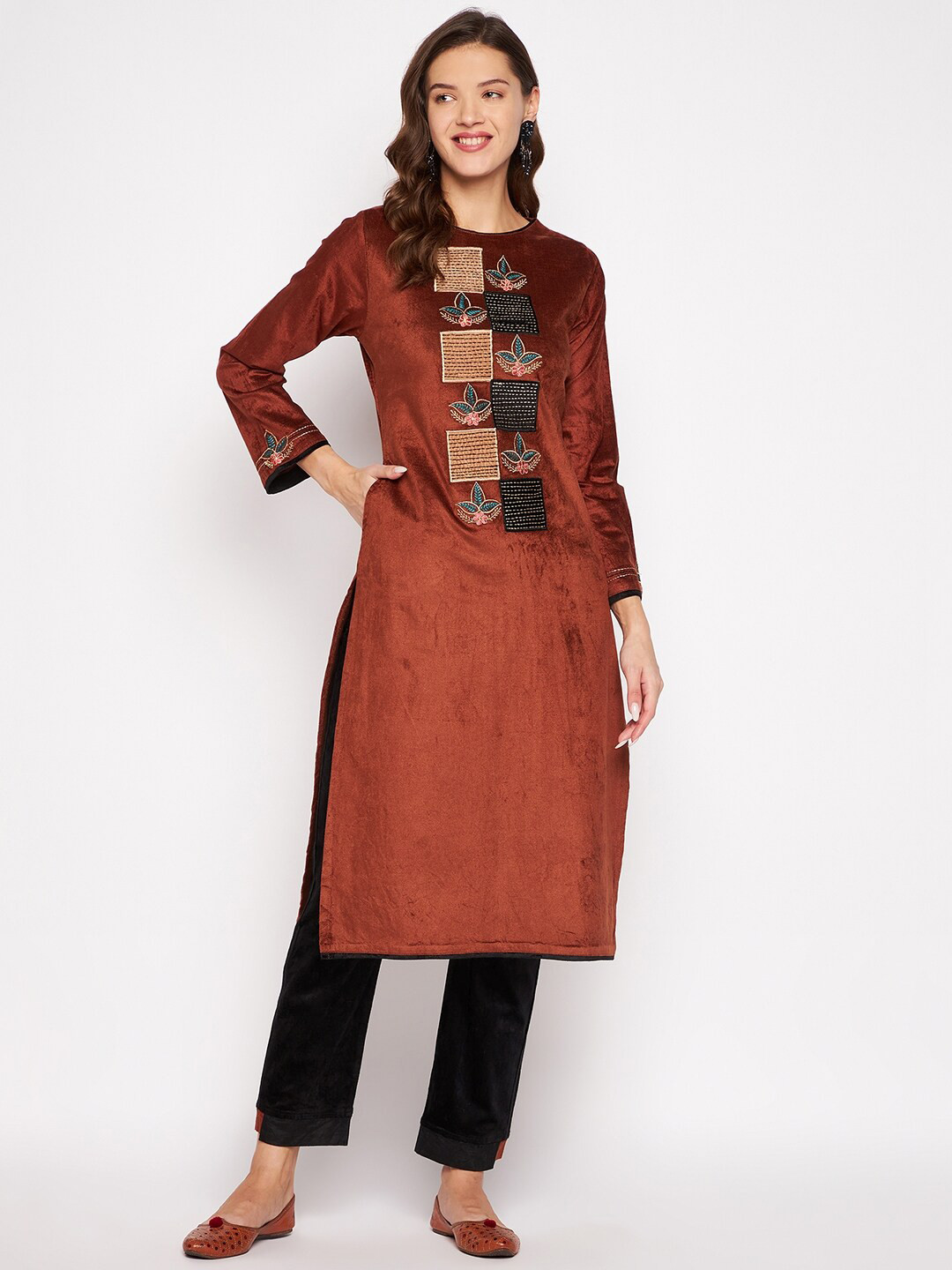 Zigo Winter Wear Women Coffee Brown & Black Embroidered Velvet Kurta with Trouser