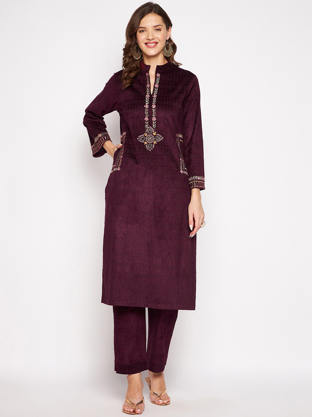 Zigo Winter Wear Women Burgundy Floral Embroidered Velvet Kurta with Trouser