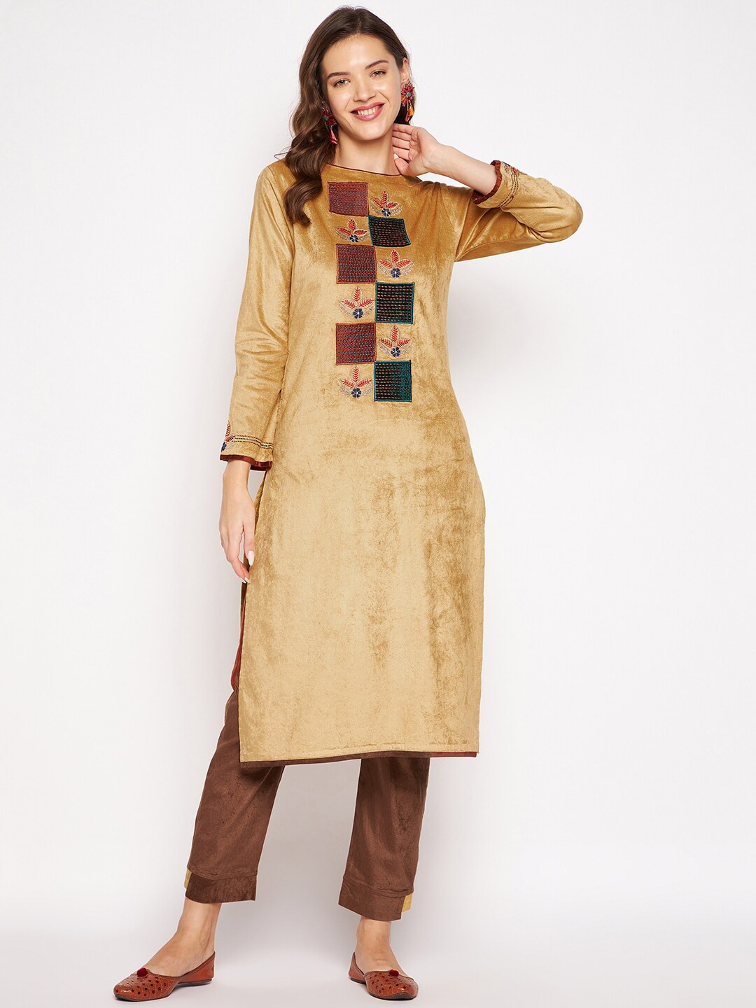 Zigo Winter Wear Women Mustard & Brown Yellow Embroidered Velvet Kurta with Trouser