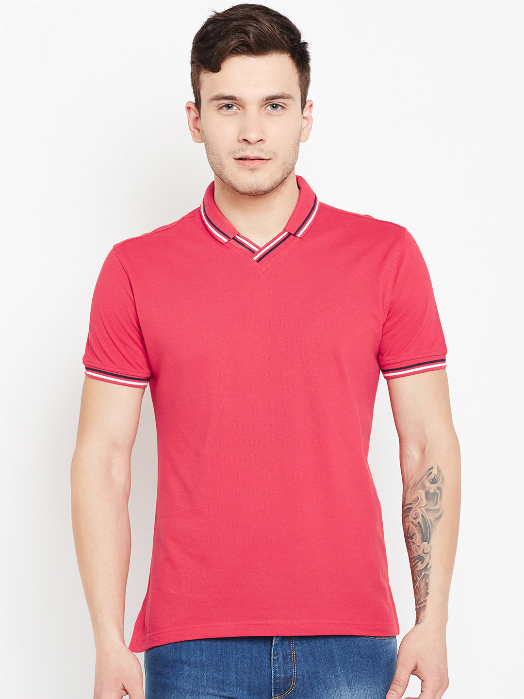 John Players Men Red Solid Polo Neck T-shirt