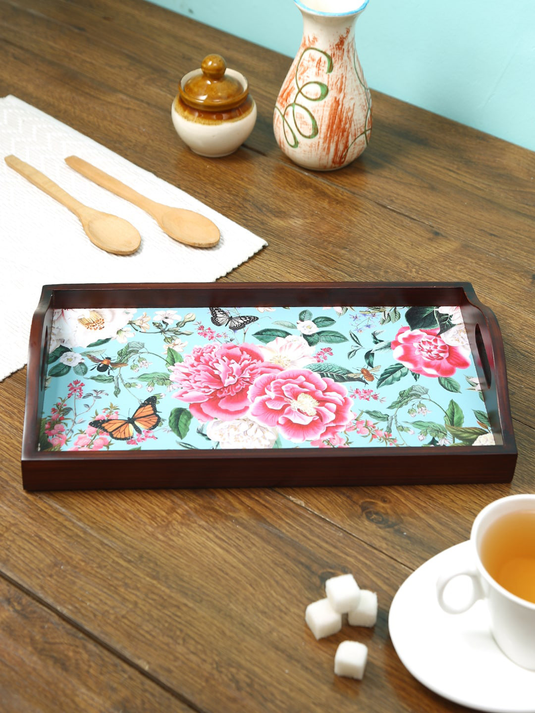 Reinvention Factory Brown & Blue Printed Fairy Garden Teak Wood Small Multipurpose Serving Tray