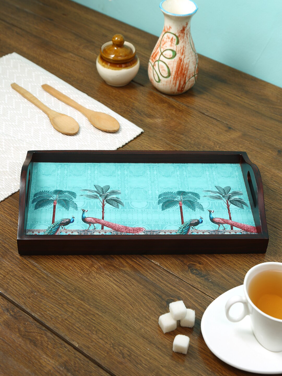 Reinvention Factory Brown & Blue Printed Wooden Small Serving Tray