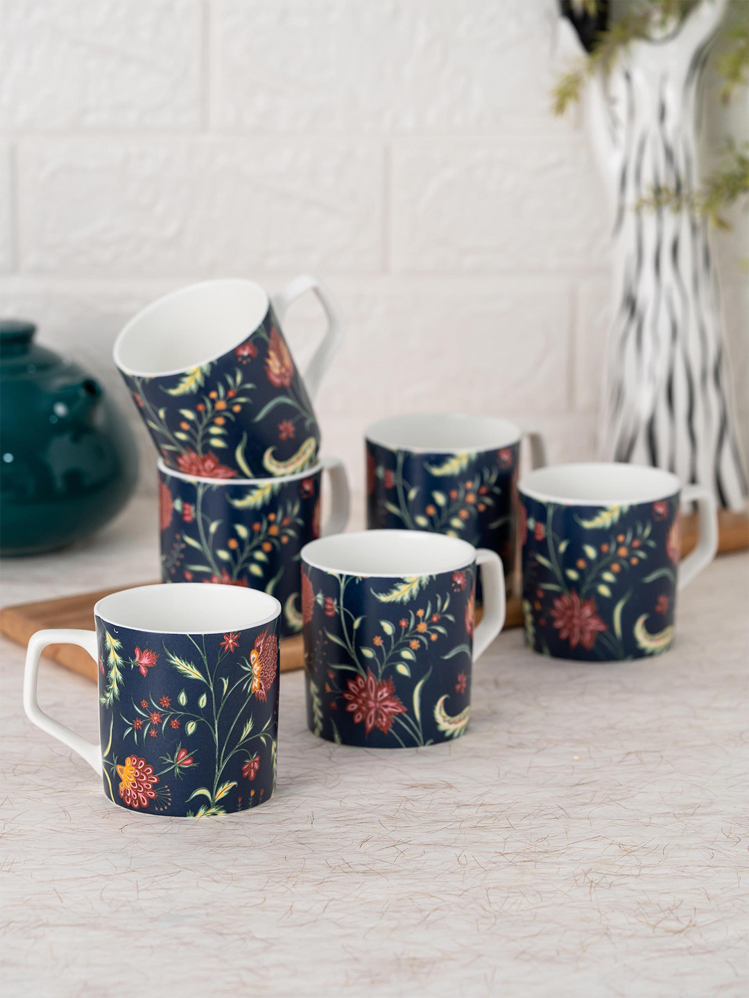 JCPL Thank You Blue Floral Ceramic Handmade 6 Piece Cups-200ml