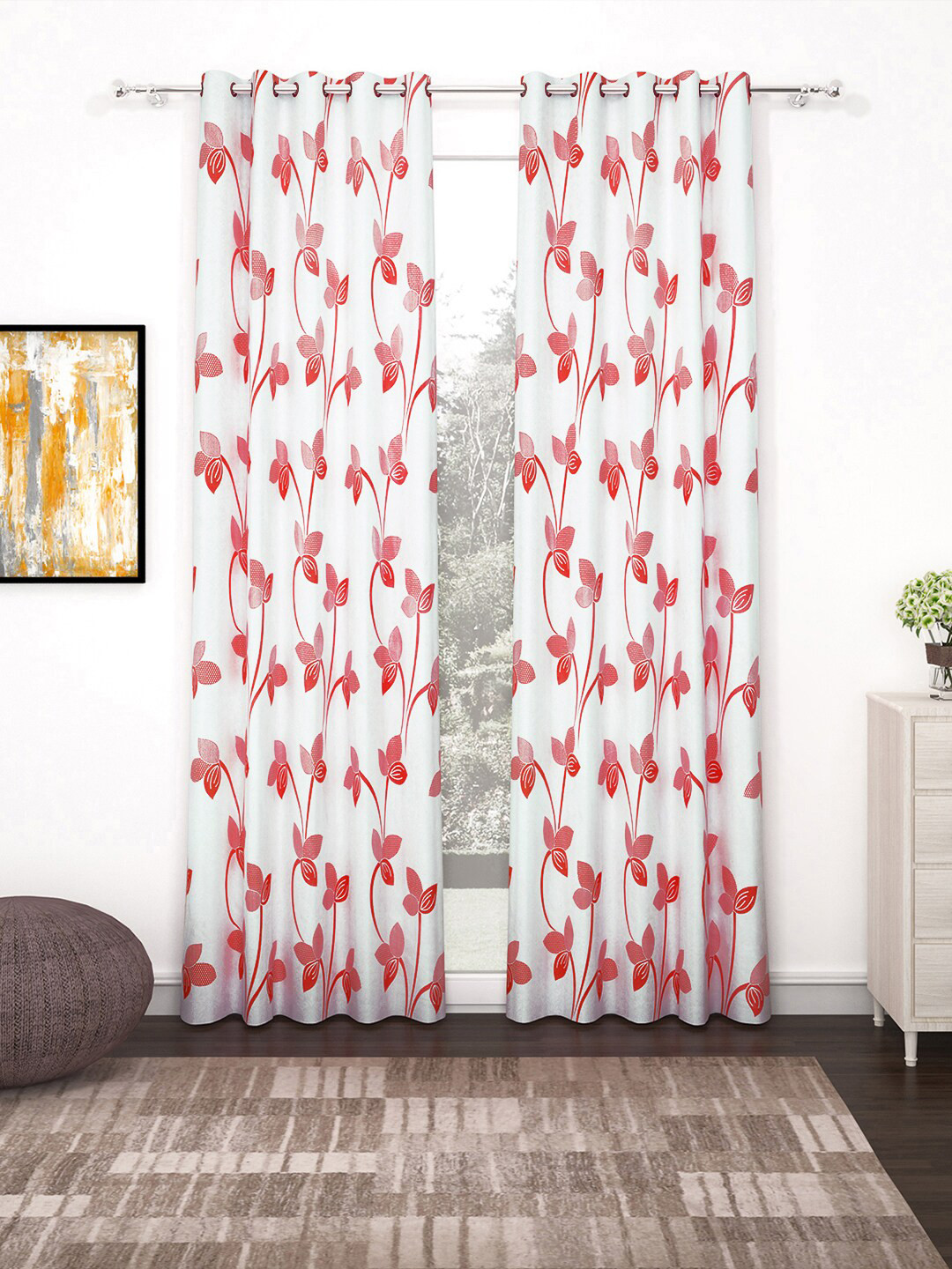 Bedspun Set of 2 White & Red Floral Long Door Curtain