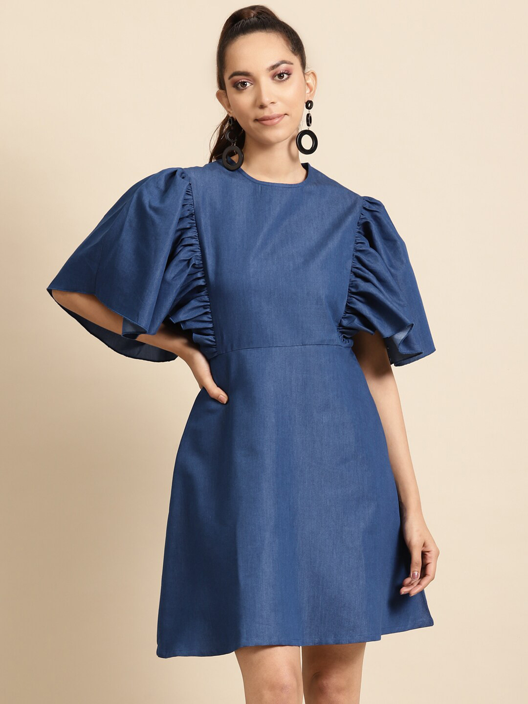 DODO & MOA Women Blue A-Line Puff Sleeve Dress