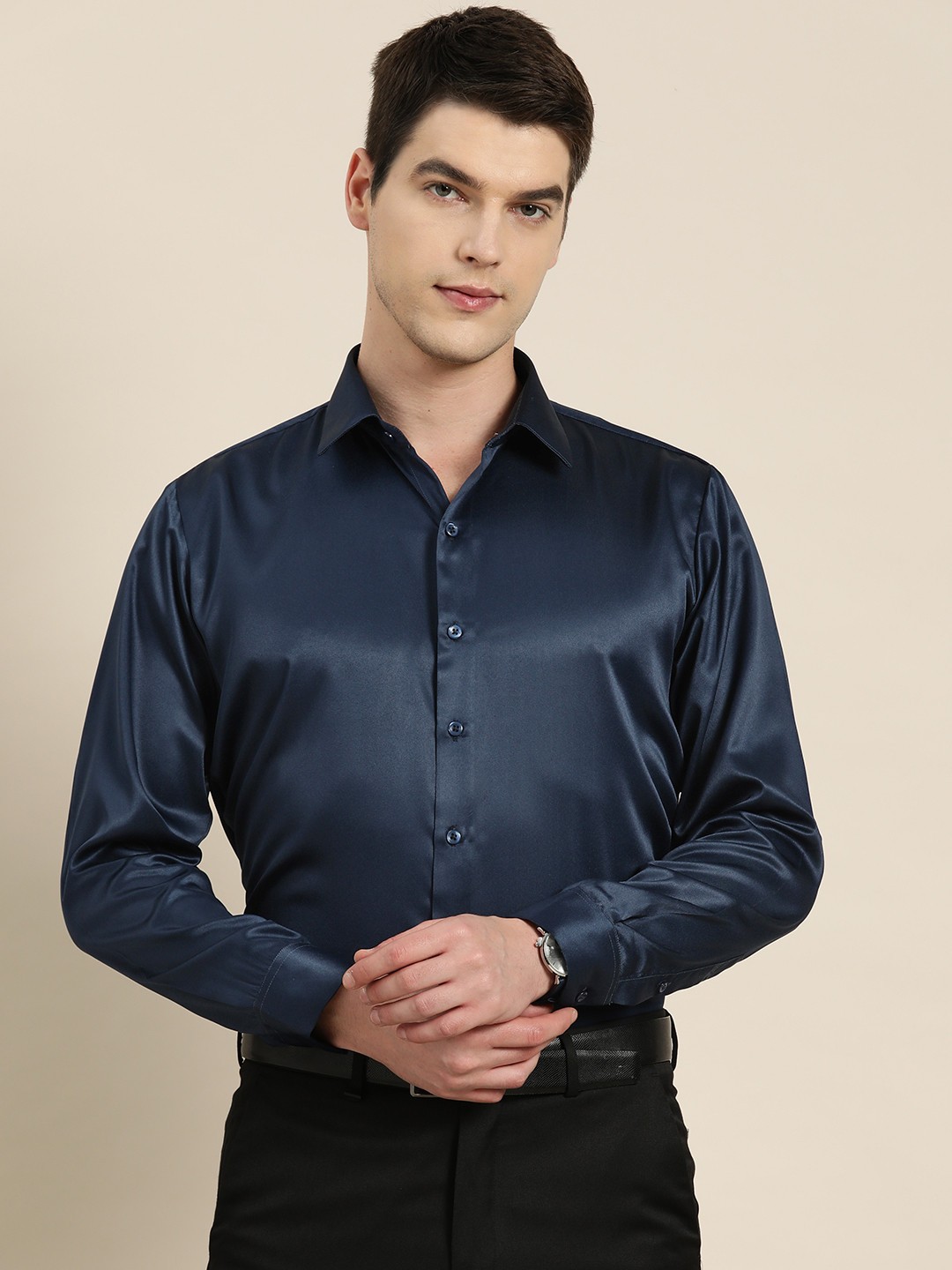 Hancock Navy Blue Club Slim Fit Party Shirt