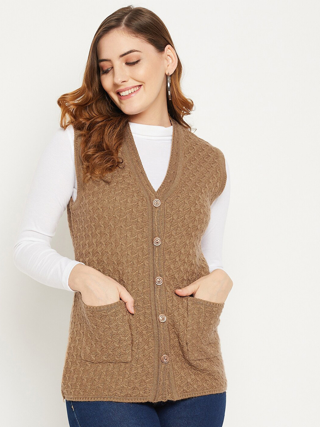 Zigo Women Brown Self Design Cable Knit Wool Cardigan Sweater