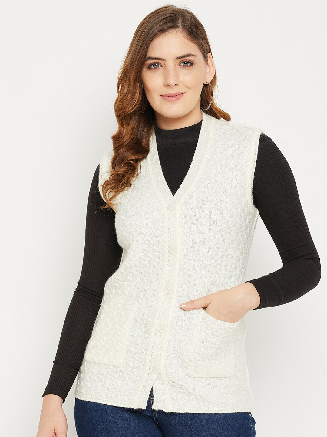 Zigo Women White Self Design Cable Knit Wool Cardigan Sweater