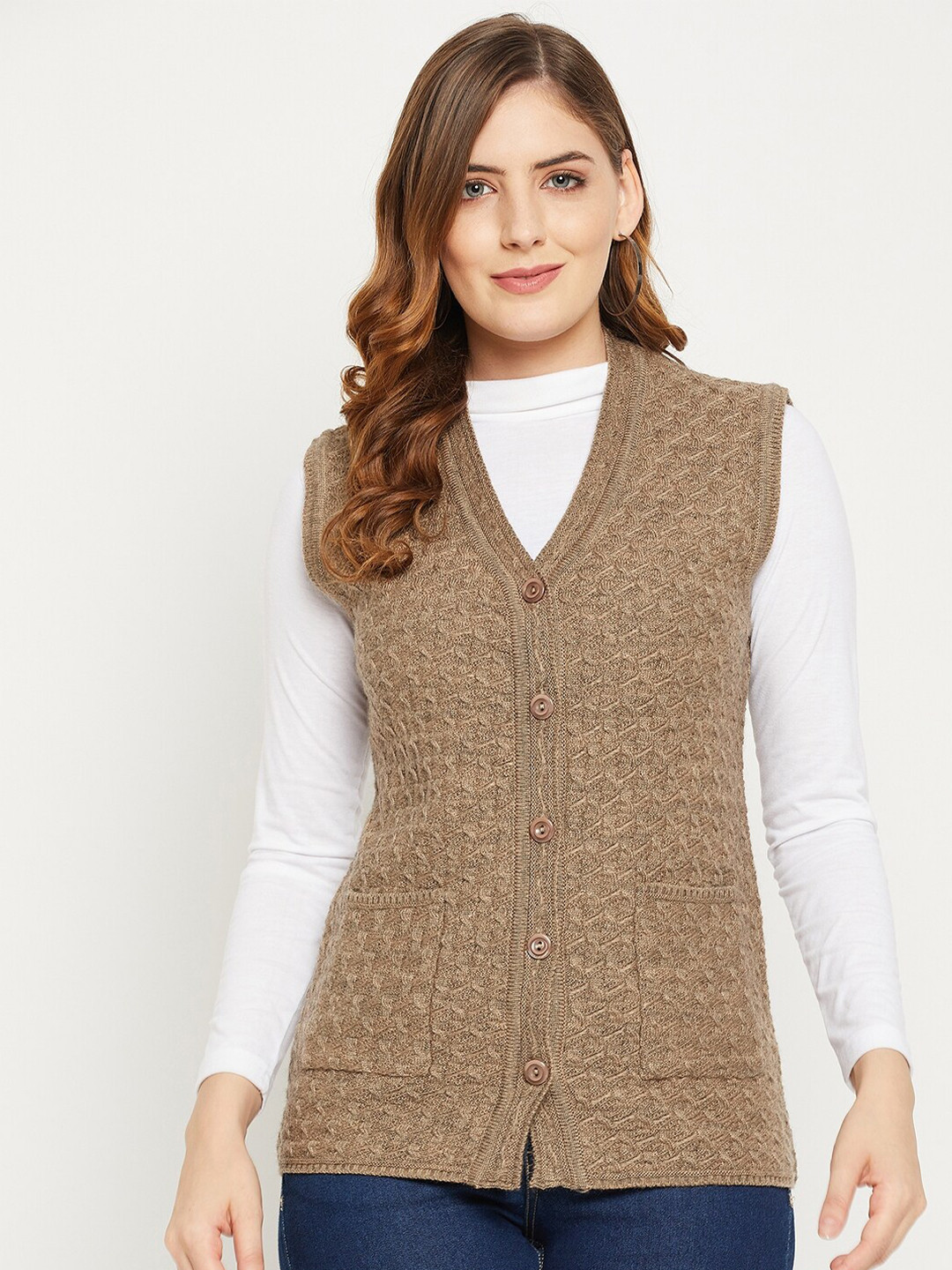 Zigo Women Olive Green Self Design Cable Knit Wool Cardigan Sweater
